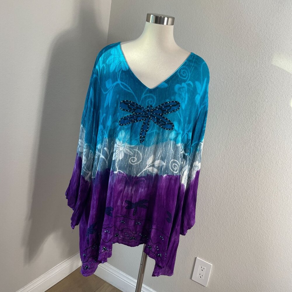 NEW Greater Good Womens Plus 4X Tunic Top Dragonfly Blue Purple V Neck Shirt‎